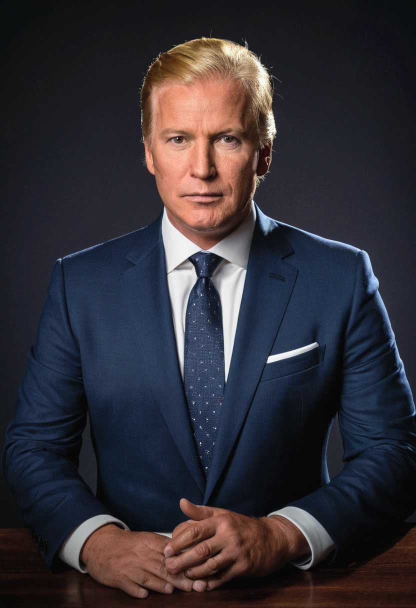 A man in a suit and tie is hosting a news program., Photo journalism, , Ronen Beckerman, Corporate Portrait, Kasal Jesper Knudsen, On a dark background, Professionally taken photos in good lighting, direction: Dietmar Damerau, direction: Jonas De Lo, Kasal Jens Sondergaard, Sasha Schneider President Trump