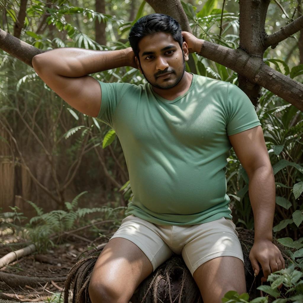 a 27 year old indian man, chubby face, slim body, modrate body muscles, vegan, nature lover, eco-friendly, sitting in a lush green forest, hugging a tree, peaceful expression, natural light, soft colors, detailed portrait, hyperrealistic, octane render, 8k, photo-realistic, award winning photography, wearing eco friendly cool outfit