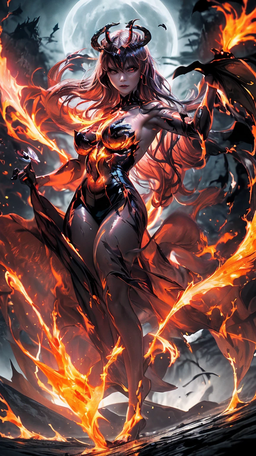 Storyboard, masterpiece, highest quality, dragonlady queen, perfect demoness, long legs, legs spread wide open, hourglass figure, curvy hips, bright red glowing eyes, detailed eyes (1.4), scars on face, villainous expression, flaming skin body with bioluminescent glowing pattern, ready for battle, blurred stormy background, dark atmosphere, lighting in background,full body,