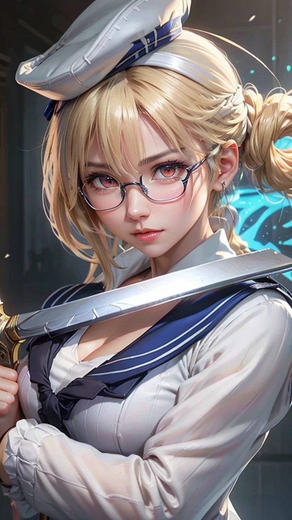 a close up of a woman with a sword and a white sailor hat, a character portrait inspired by Li Shida, pixiv contest winner, extremely detailed artgerm, artgerm. high detail, using black eye glasses, white sailor suit with blue collar, super transparent bra, blonde hair, brown super detailed eye