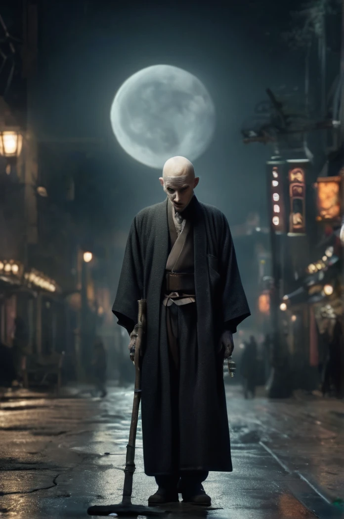 Steampunk night city、Full moon in the sky、Brilliant Light、Full Body Shot、Horror-themed movie stills,、A short, big-headed man of about 80 years old,Walk over here、 Skinhead、Have a walking stick、No horns、Head enlargement(Head size 1:9)、(Full body portrait:1.3), Nurarihyon、I'm wearing a kimono, Shallow depth of field, Vignette, Very detailed, High budget, Bokeh, CinemaScope, Sulky, amazing, nice, Film Grain, granular . Creepy, Anxious, dark, Creepyな, Suspenseful, strict, Very detailed