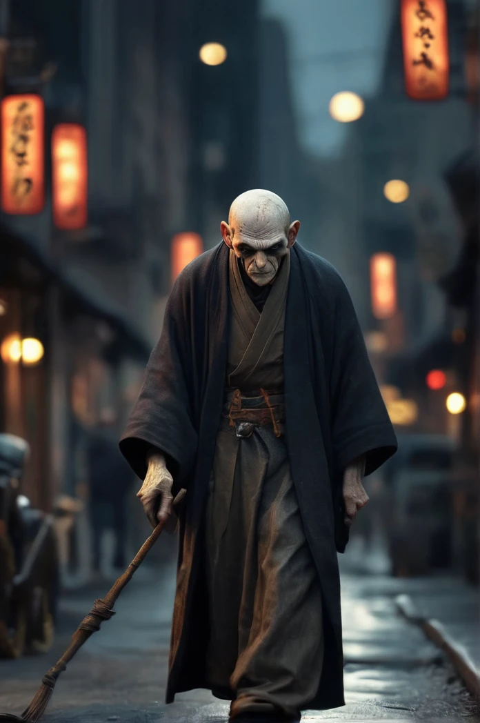 Steampunk night city、Full moon in the sky、Brilliant Light、Full Body Shot、Horror-themed movie stills,、A short, big-headed man of about 80 years old,Walk over here、 Skinhead、Have a walking stick、No horns、Head enlargement(Head size 1:9)、(Full body portrait:1.3), Nurarihyon、I'm wearing a kimono, Shallow depth of field, Vignette, Very detailed, High budget, Bokeh, CinemaScope, Sulky, amazing, nice, Film Grain, granular . Creepy, Anxious, dark, Creepyな, Suspenseful, strict, Very detailed
