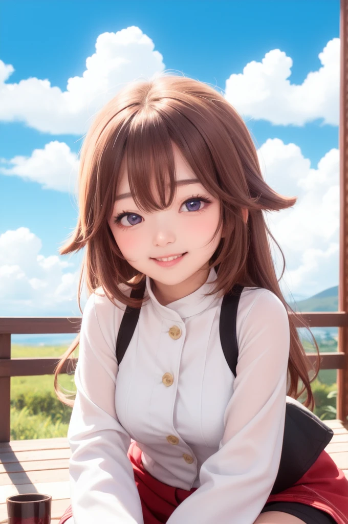 masterpiece, Highest quality, One girl, blue sky, Cloud Trail, warm, View your viewers, Captivating smile, blush, Yaemicodef, beautiful