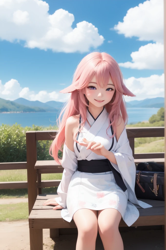 masterpiece, Highest quality, One girl, blue sky, Cloud Trail, warm, View your viewers, Captivating smile, blush, Yaemicodef, beautiful