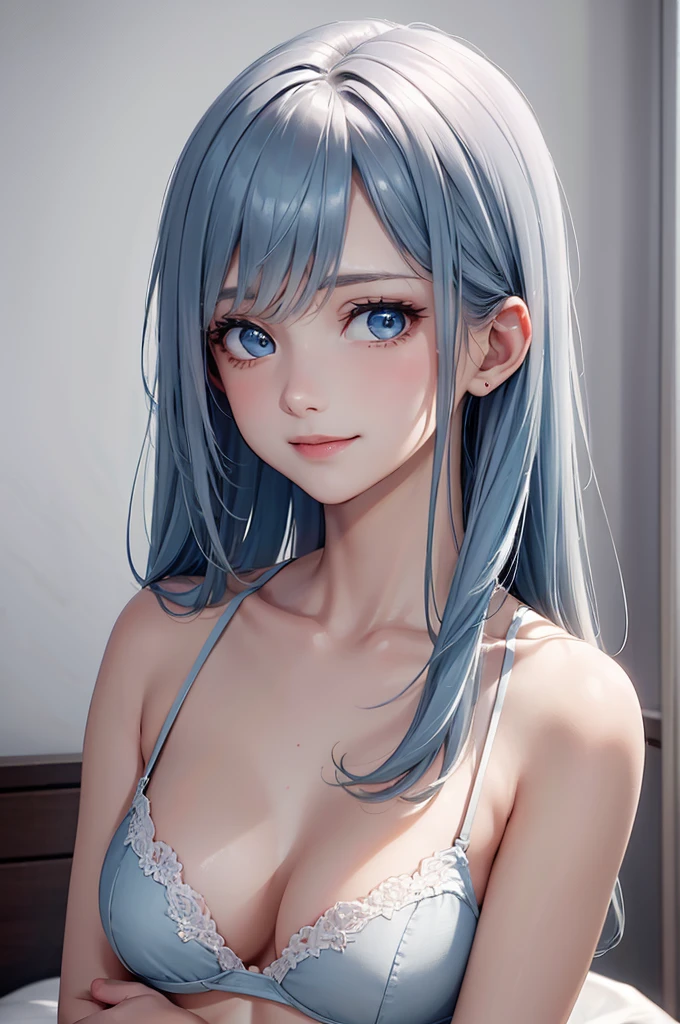 Best Quality,High resolution,8k,finelity detailed background,Masterpiece:1.2),beautiful girl,Shiny light blue hair,crossed bangs,Light blue eyes,Gentle look,A refreshing look,smile,Best quality,Best Quality,Aesthetic and aesthetic:1.2,Best details((Super detailed))(High-definition CG illustrations),Upper Body,Dark grey underwear, (dark gray),Slender body,night,moon,Bedroom,On the bed,smile,blush,cute,Scrounge,Looking up,Being spoiled,super model,wariza,shoot from,below