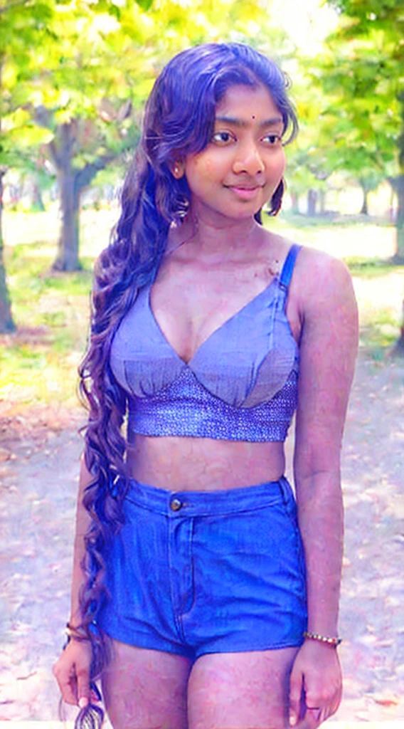 a beautiful Indian lady, 22 year, attractive, pretty, good looking, excellent , superb ,  wearing bra with high-waisted shorts, earrings, arched back,  sunlight, public park background, 92k, intricately detailed, UHD,