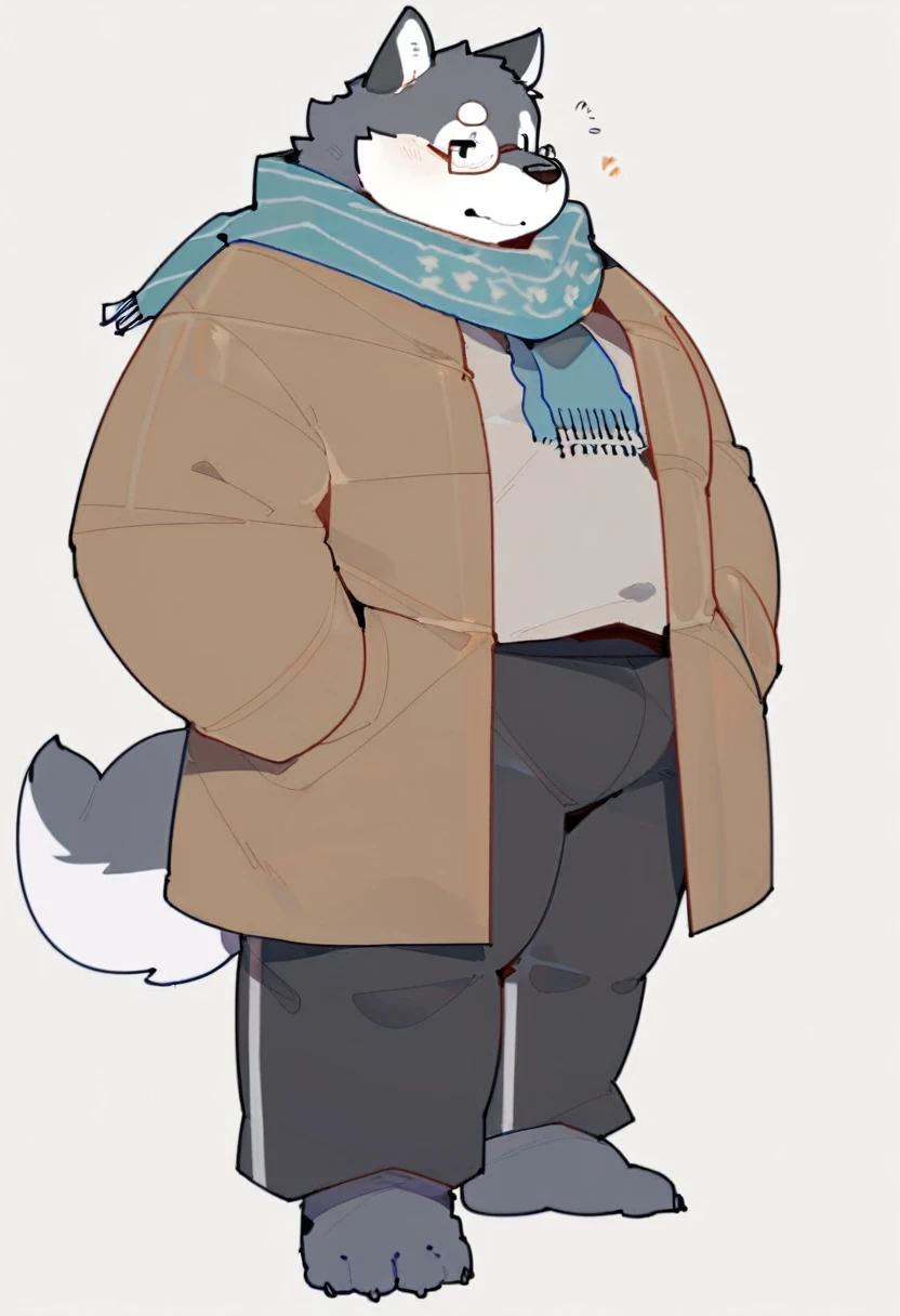 wolf,male,old,have hair,long samurai style hair,Wear a winter coat, wrap a scarf around your neck, put your hands on your hips, wear small round glasses , wear long pants, ((standing back)),solo,anthro,fat,chubby,plump,yaoi,doujin,fullbody,white blank background,by quanjiang,
