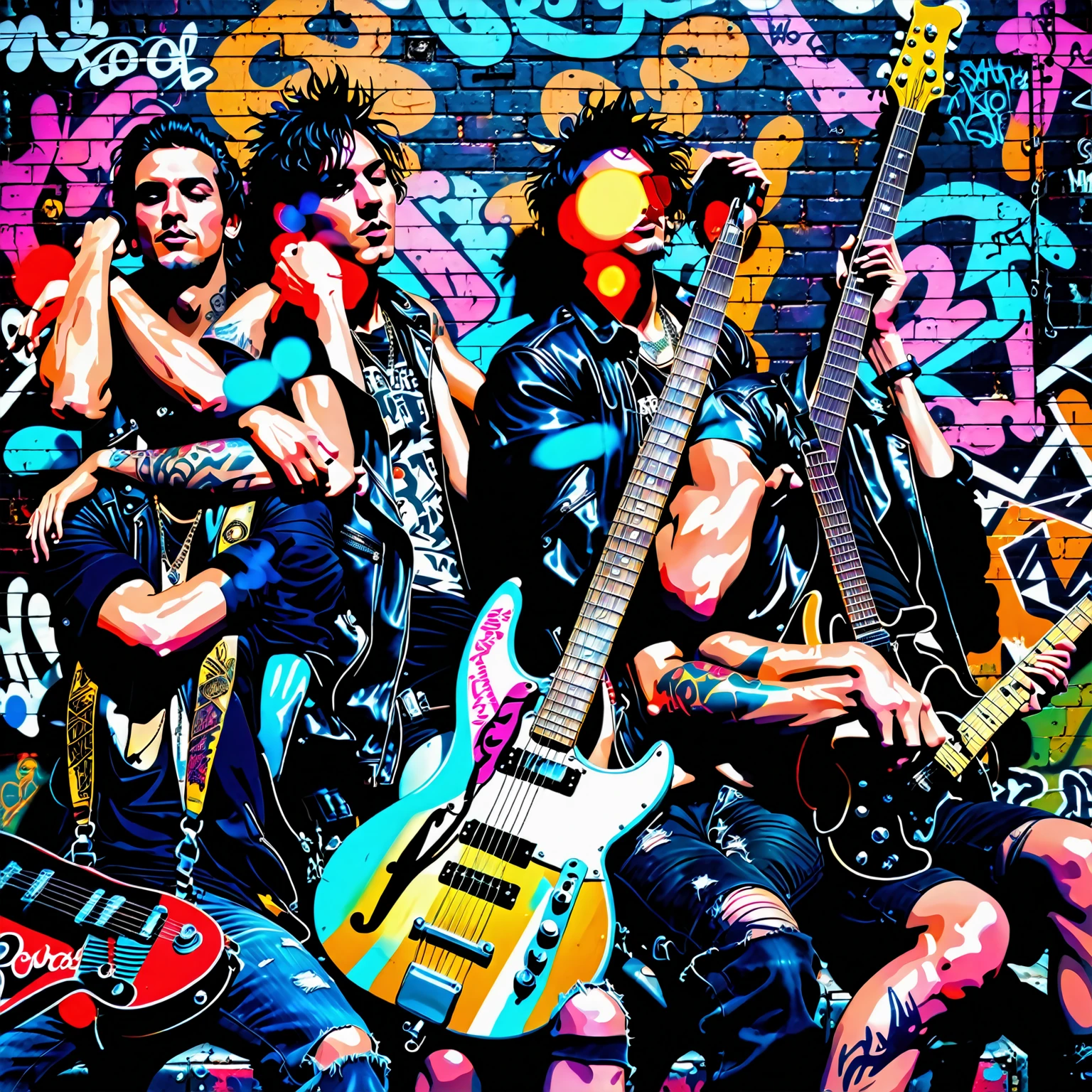 Two rockers sitting side by side, both depicted as silhouettes with no visible facial features. Both have muscular male bodies and are captured in relaxed, yet confident poses. They are seated on a worn-out, vintage sofa in a grungy urban environment. Surrounding them are scattered musical instruments like a guitar and a drum set, with neon lights casting a moody glow over the scene. The background features graffiti-covered walls and old concert posters, adding to the gritty, rock-and-roll vibe. The lighting is atmospheric, with a mix of shadows and vibrant neon colors. The scene is highly detailed and photorealistic, with an 8k resolution and an award-winning digital art style.