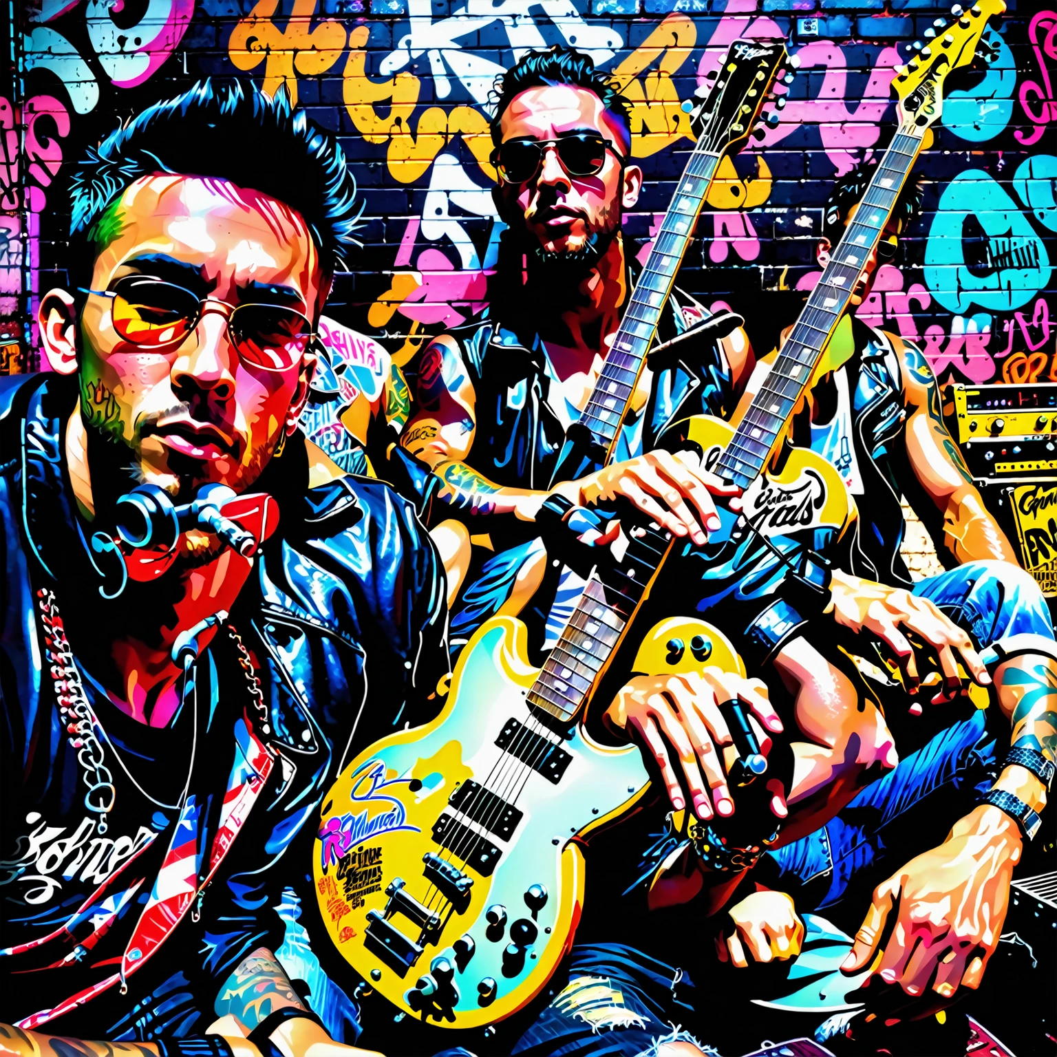 Two rockers sitting side by side, both depicted as silhouettes with no visible facial features. Both have muscular male bodies and are captured in relaxed, yet confident poses. They are seated on a worn-out, vintage sofa in a grungy urban environment. Surrounding them are scattered musical instruments like a guitar and a drum set, with neon lights casting a moody glow over the scene. The background features graffiti-covered walls and old concert posters, adding to the gritty, rock-and-roll vibe. The lighting is atmospheric, with a mix of shadows and vibrant neon colors. The scene is highly detailed and photorealistic, with an 8k resolution and an award-winning digital art style.