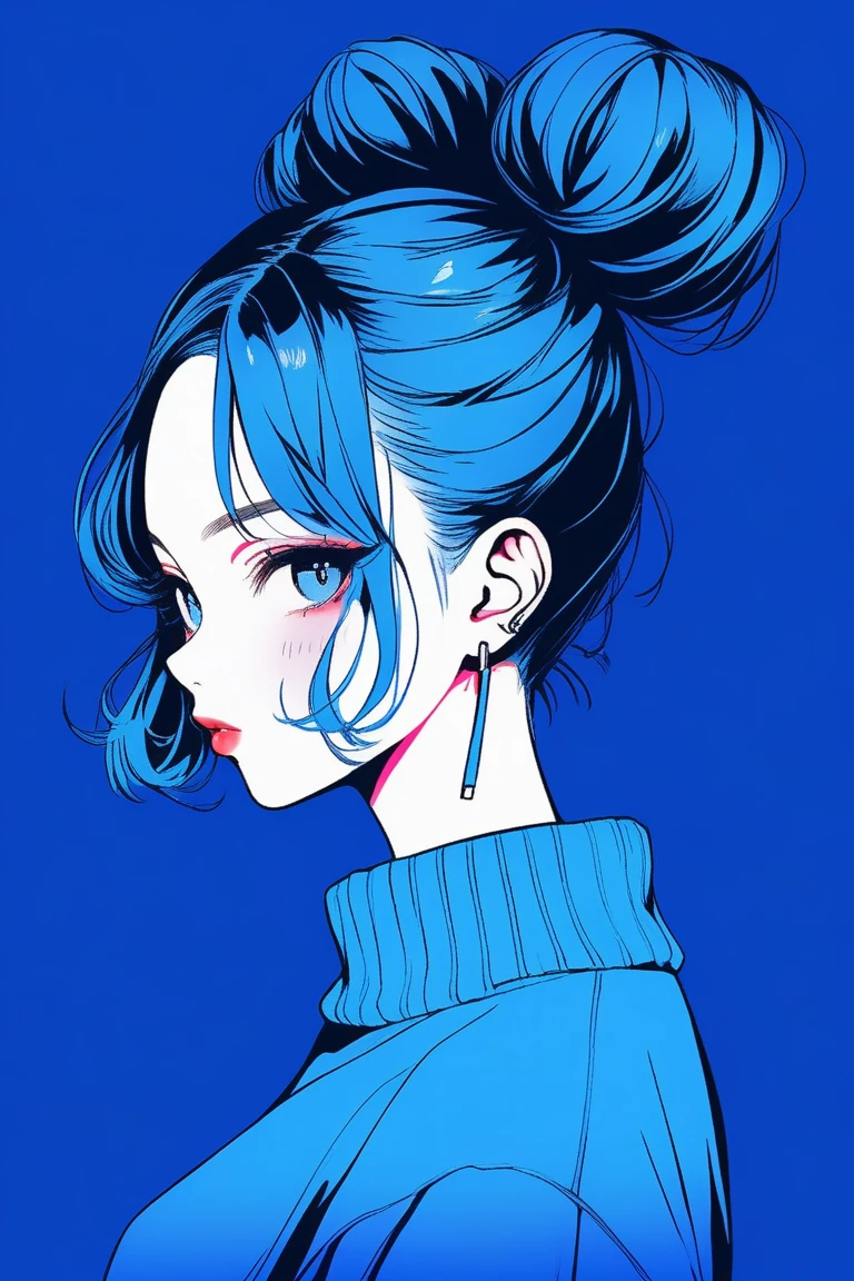 (best quality, sketch:1.2),realistic,illustrator,anime,1 girl, detailed lips, sweater, custom, deep blue gradient background, neon hair, blue twin bun hair, textured cropping, masterpiece, style retro classic, noir dark 