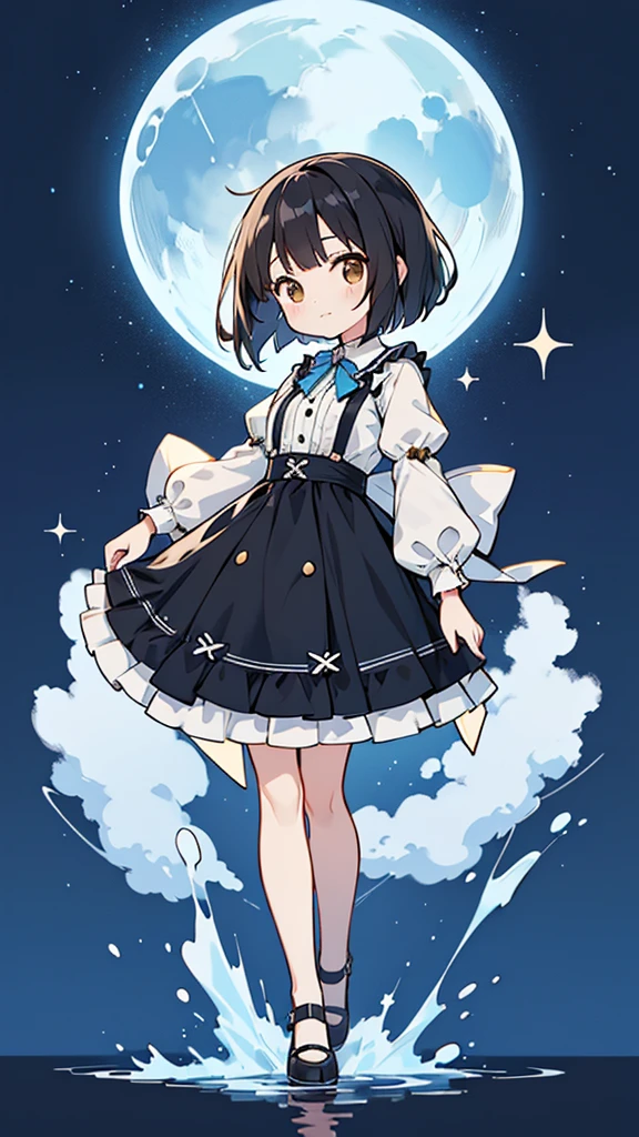 Seven-doppelganger shot,Anime style 4K,High quality anime art style,Standing painting,Splash ink background,Blue Themes、Pure white background,Buildings,Face close-up,Buildings,Moon and sun、Shining Star々,milky way,Bright Sky,Looking at me,Facing forward,Clear eyes and nose,cute,beautiful,Thin legs,Standing by the water,black hair, brown eyes, girl, bob, front, whole body,cute,Blue Background,Shortcuts,Lolita Fashion,Short Bob,Black Hair,Brown Hair