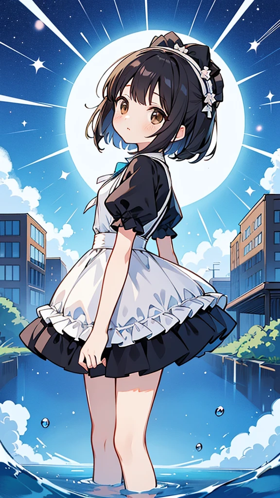 Seven-doppelganger shot,Anime style 4K,High quality anime art style,Standing painting,Splash ink background,Blue Themes、Pure white background,Buildings,Face close-up,Buildings,Moon and sun、Shining Star々,milky way,Bright Sky,Looking at me,Facing forward,Clear eyes and nose,cute,beautiful,Thin legs,Standing by the water,black hair, brown eyes, girl, bob, front, whole body,cute,Blue Background,Shortcuts,ta Fashion,Short Bob,Black Hair,Brown Hair