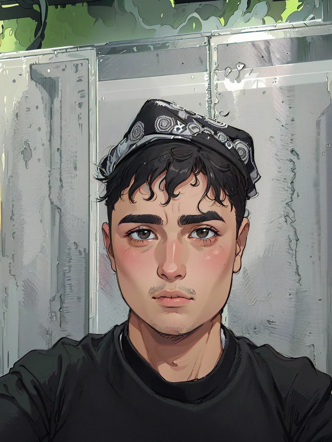 There is a man wearing a hat,Wearing a black shirt, 8k selfie photo, Khizr Salem, About 19 years old, Wearing a strange hat, ash thorp Khizr Salem, 27 years old, Wearing a rap hat, scarf, 28 years old, 29 years old, 23 years old