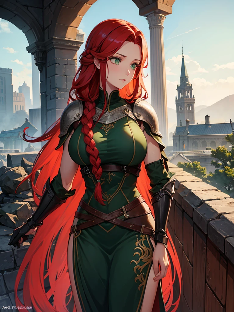 A very tall woman with braided red hair and green eyes, she would have large breasts and a muscular body, wearing dark souls-style armor but no helmet.