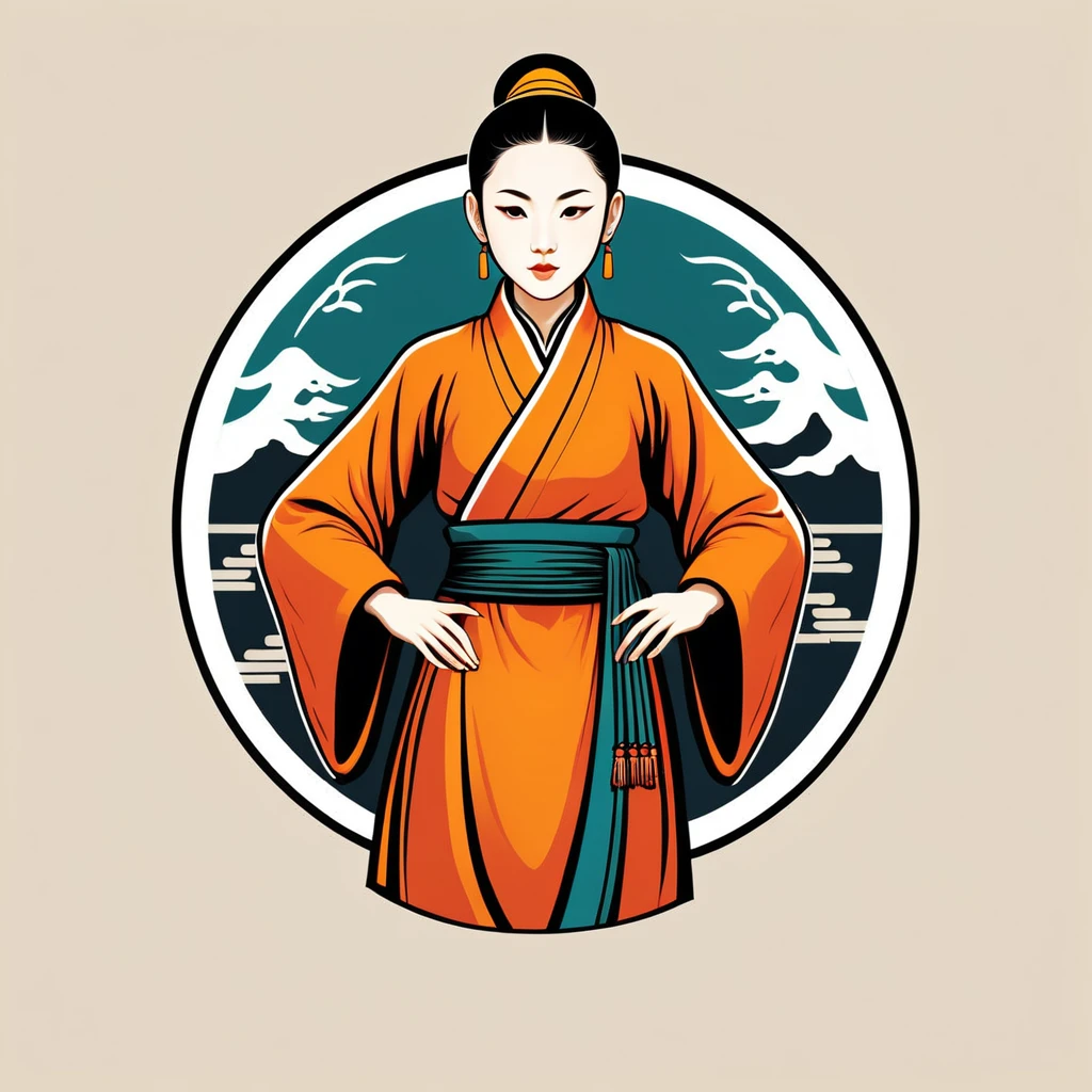 female monk in chinese folk outfit, vector graphics, strong contours, logo design