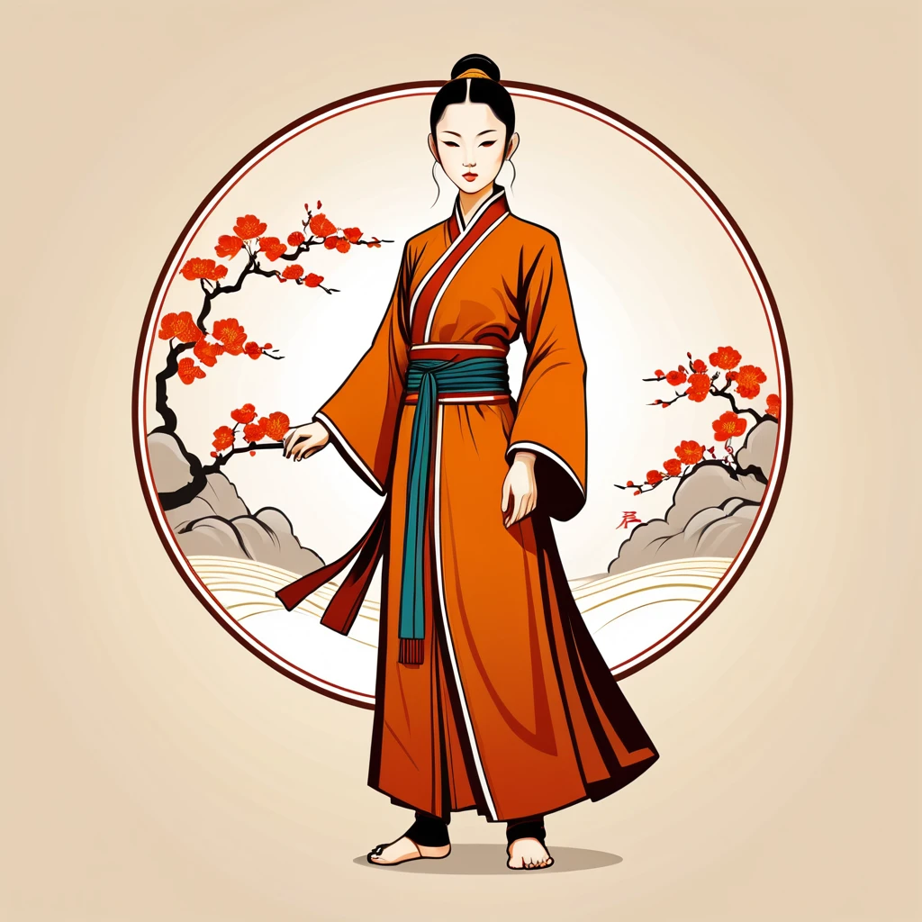 female monk in chinese folk outfit, vector graphics, strong contours, logo design