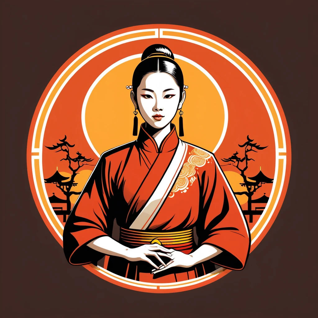female monk in chinese folk outfit, vector graphics, strong contours, logo design