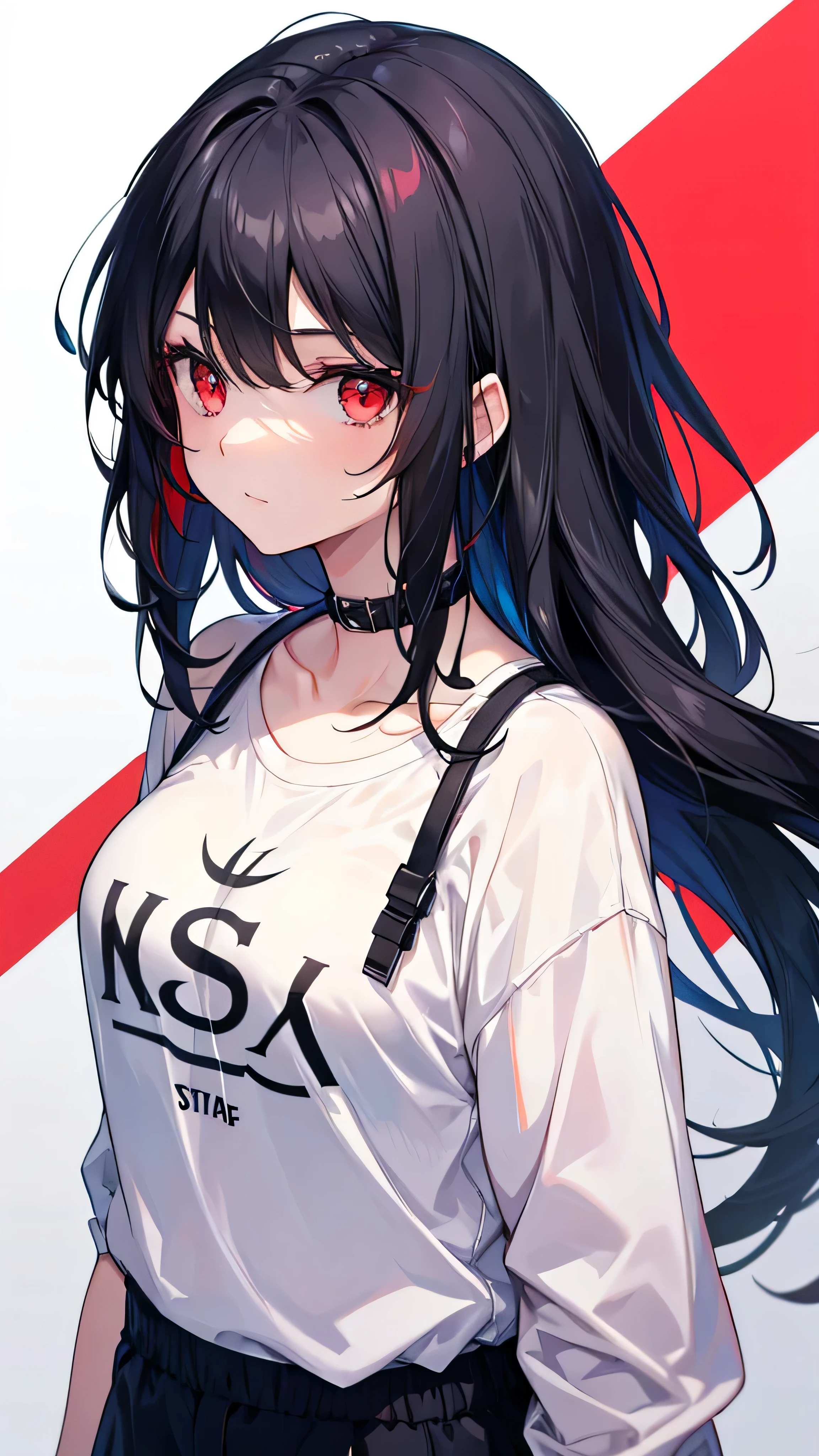 A girl with black hair and red eyes wearing casual clothes