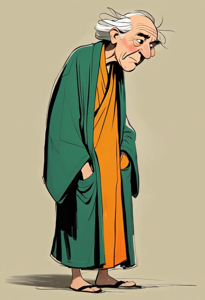 (((Exaggerated digital character sketches:1.37,Matchstick Men))).(1 Old man in a robe,Hunched over,rickets,(Exaggerated expression,),(Black sketch lines,Loose brushstrokes create the outline,Cartoon Style. Bright colors and simplified lines, sketch)。(Exaggerated body movements),(Large area of blank)