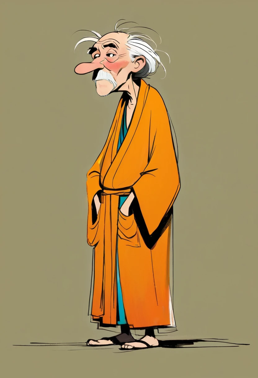 (((Exaggerated digital character sketches:1.37，Matchstick Men))).(1 Old man in a robe，Hunched over，rickets，(Exaggerated expression,)，(Black sketch lines，Loose brushstrokes create the outline，Cartoon Style. Bright colors and simplified lines, sketch)。(Exaggerated body movements),(Large area of blank）