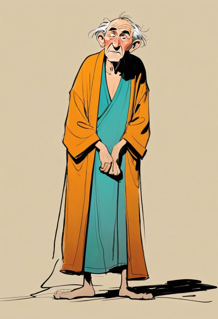 (((Exaggerated digital character sketches:1.37，Matchstick Men))).(1 Old man in a robe，Hunched over，rickets，(Exaggerated expression,)，(Black sketch lines，Loose brushstrokes create the outline，Cartoon Style. Bright colors and simplified lines, sketch)。(Exaggerated body movements),(Large area of blank）