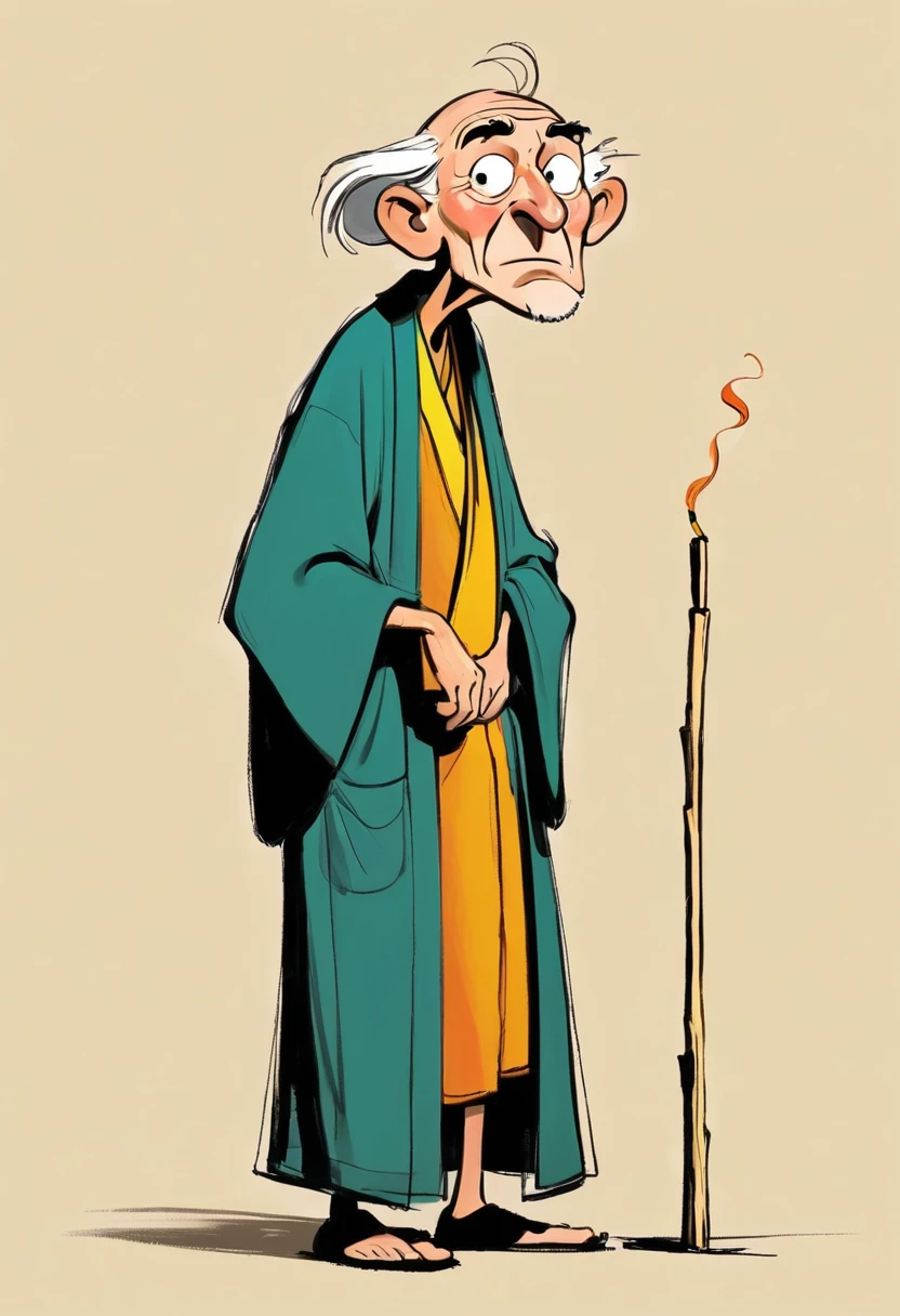 (((Exaggerated digital character sketches:1.37，Matchstick Men))).(1 Old man in a robe，Hunched over，rickets，(Exaggerated expression,)，(Black sketch lines，Loose brushstrokes create the outline，Cartoon Style. Bright colors and simplified lines, sketch)。(Exaggerated body movements),(Large area of blank）