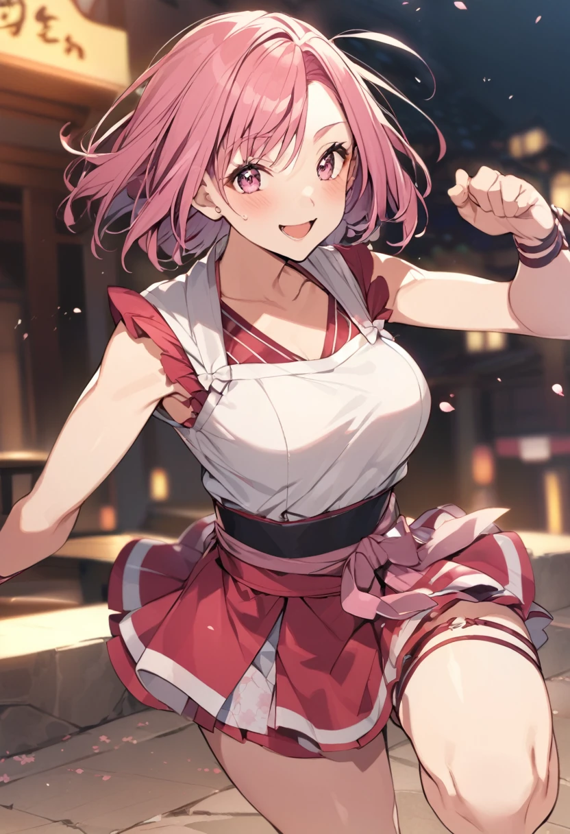 (( One Girl)), (Browsing Caution)、blush,Pink Hair、((Wavy Hair、Short Hair))、Swollen nipples、Orange eyes、(((Red Ao Dai))) ,Ahoge、on stage、Flat Chest、Big Ass、((Thick thighs))、Sweat、((:D))、surprised、(Straight hair)、Spread your legs、(White shoulder rest)、Gold decoration、Blue Crystal