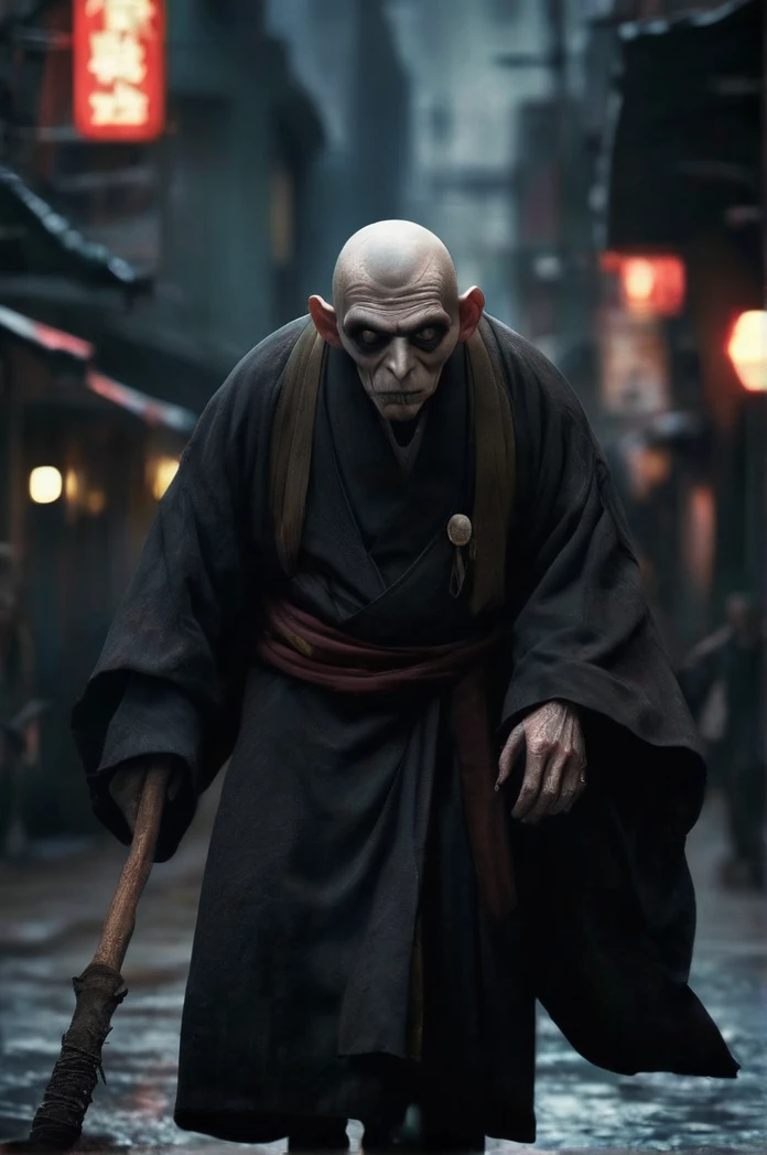 Steampunk night city、Full moon in the sky、Brilliant Light、Full Body Shot、Horror-themed movie stills,、A short, big-headed man of about 80 years old,Walk over here、 Skinhead、Have a walking stick、No horns、Head enlargement（Head size 1:9）、(Full body portrait:1.3), Nurarihyon、I'm wearing a kimono, Shallow depth of field, Vignette, Very detailed, High budget, Bokeh, CinemaScope, Sulky, amazing, nice, Film Grain, granular . Creepy, Anxious, dark, Creepyな, Suspenseful, strict, Very detailed