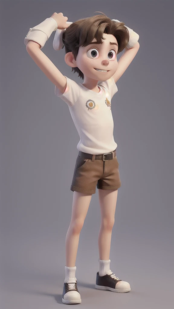 English, 12 years old, arms back, 3/4 shot, realisitic, best qualityer, instagramart, bared shoulders, white shirt, shorth hair, nervosa