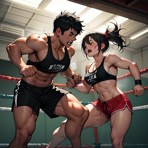 she is kicked by him. a man and a naked girl is fighting in a octagon ring. a man is kicking bloody pretty young japanese girl fighter so hard. she is dominated by him. she is crying and screaming. she has short-cut black hair, shortness of breath, drool from her mouth, closed eye, exhaustion, and sweat soaked. open finger grobe. full body. Muscularity. Six pack abs. Erect nipples.