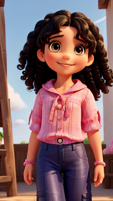 a photo of isabela, a 7 girl, happy and smiling, white, black curly hair, wearing braids, black eyes, pink blouse and blue pants, looking at the camera