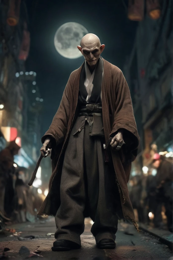 Steampunk night city、Full moon in the sky、Brilliant Light、Full Body Shot、Horror-themed movie stills,、A short, big-headed man of about 80 years old,Walk over here、 Skinhead、Have a walking stick、No horns、Head enlargement(Head size 1:9)、(Full body portrait:1.3), Nurarihyon、I'm wearing a kimono, Shallow depth of field, Vignette, Very detailed, High budget, Bokeh, CinemaScope, Sulky, amazing, nice, Film Grain, granular . Creepy, Anxious, dark, Creepyな, Suspenseful, strict, Very detailed