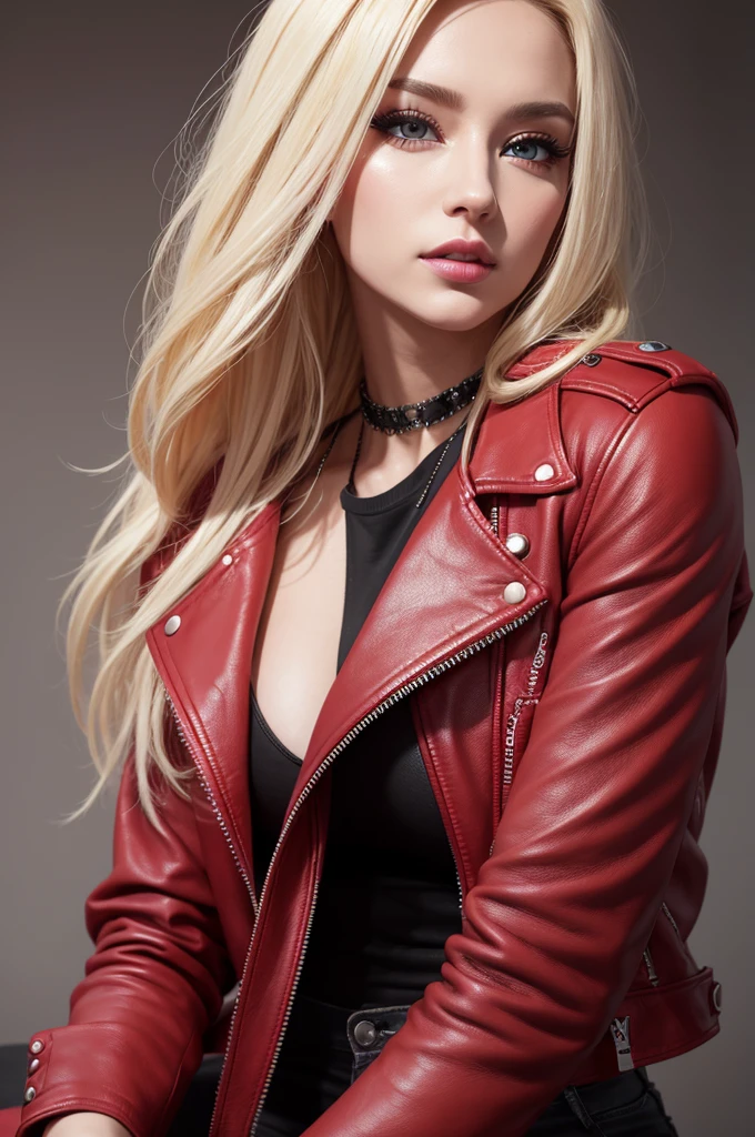 Create a realistic pop artist ,is around 28 years old ,blonde ,deep eyes, long eyelashes ,piercing look , red leather jacket, Ripped jeans , hyperrealistic