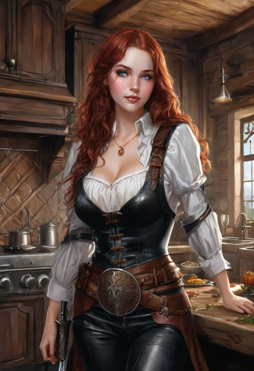 a super mega beautiful attractive cannibal young girl with round head, redhead curled long hair, short ,blue eyes, black collar, Medieval black leather armor,brown leather belt,black tight pants, black boots , she standing in kitchen and happy to carnivorous her boyfriend's meat on table, gothic, ultra realistic, romantic,the middle ages