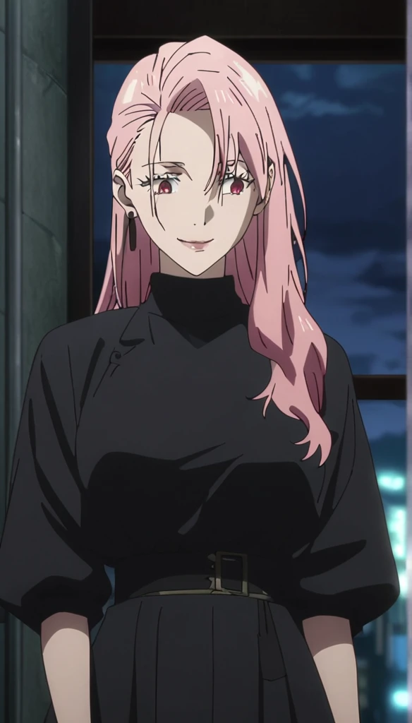 1girl, female gojo satoru, anime screencap from jujutsu kaisen, gojo satoru female version, solo, long_hair, ((Red eyes)) ((Pink_hair, hair over ear from one side))((slicked hair)) , night view, (hanging breasts) upper_body, smile, indoors, lips, (long hair) ((wearing black colour outfit, glossy)) breast, "very detailed and high resolution" (Red eyes) ((solo)) (((front view))) (earings) ((high resolution)) ((good quality)) ((silky hair, hair over ear from one side))((hair slicked)) ((shy)) ((full body))