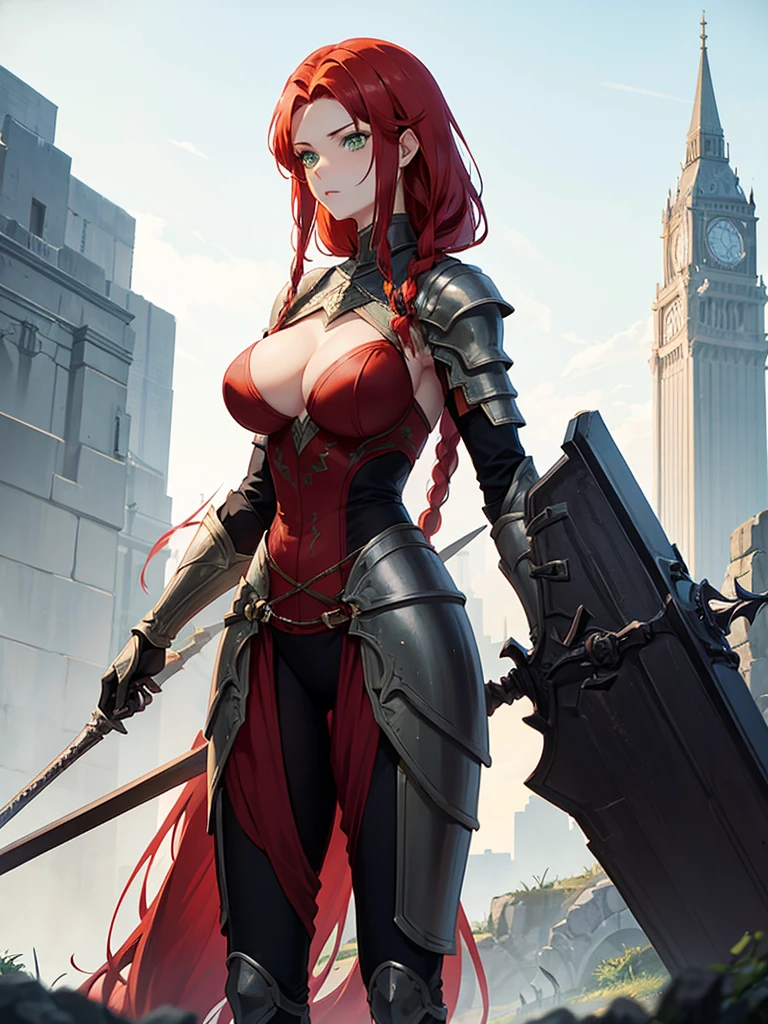 A very tall woman with braided red hair and green eyes, she would have large breasts and a muscular body, wearing dark souls-style armor but no helmet. Her armor covers her entire body