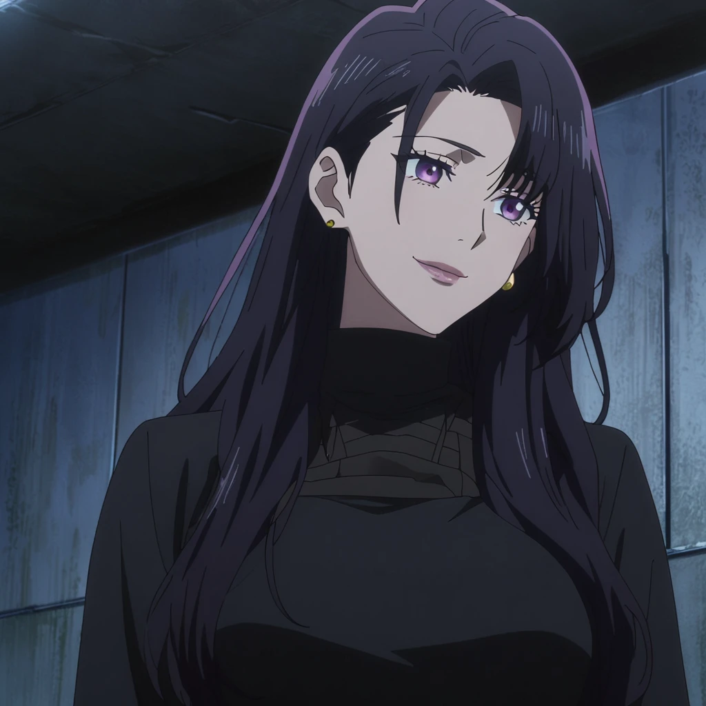 1girl, female gojo satoru, anime screencap from jujutsu kaisen, gojo satoru female version, solo, long_hair, ((purple eyes)) ((Black_hair, hair over ear from one side))((slicked hair)) , night view, (hanging breasts) upper_body, smile, indoors, book, lips, (long hair) ((wearing black colour outfit, glossy)) breast, "very detailed and high resolution" (purple eyes) ((solo)) (((front view))) (earings) ((high resolution)) ((good quality)) ((silky hair, hair over ear from one side))((hair slicked)) ((shy))
