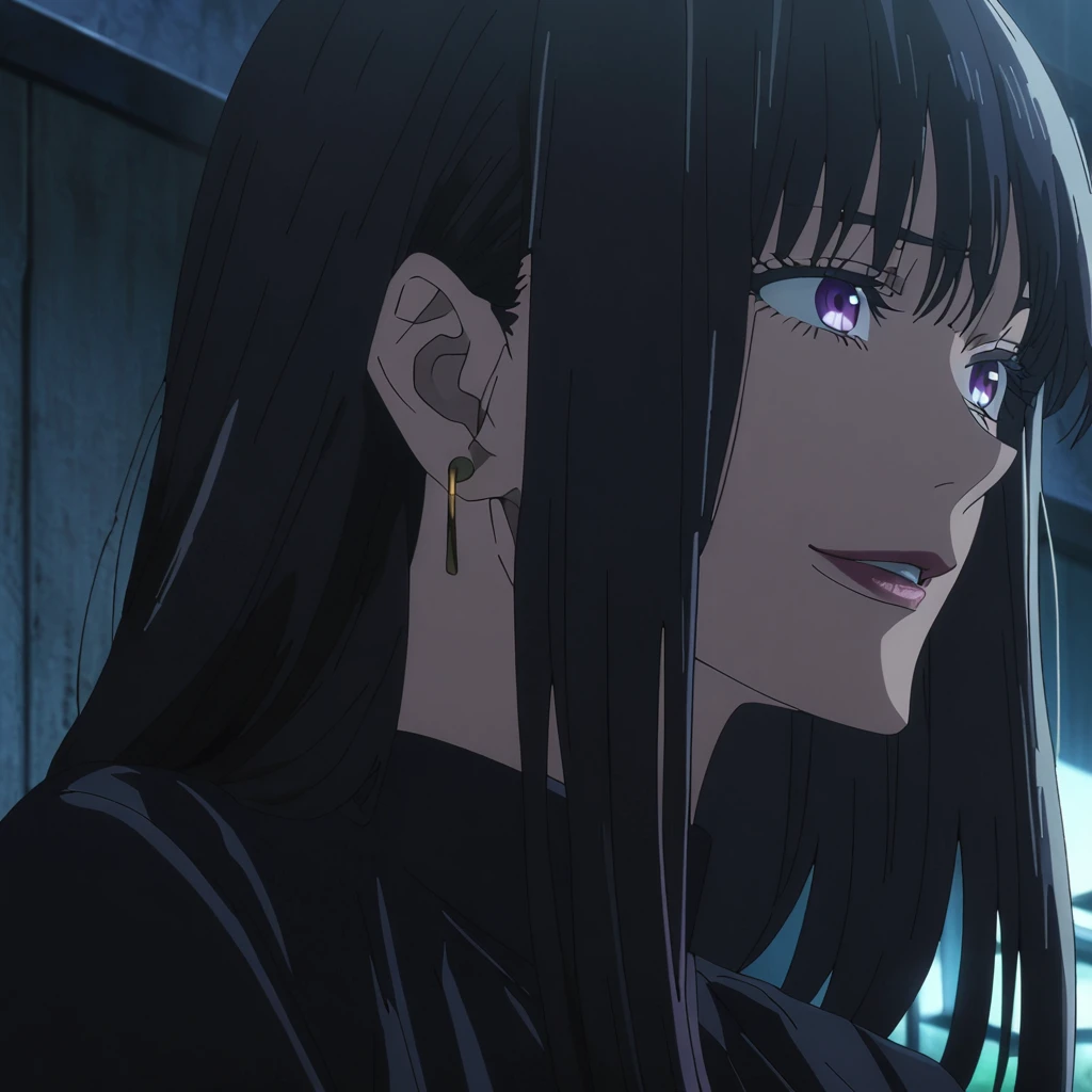 1girl, female gojo satoru, anime screencap from jujutsu kaisen, gojo satoru female version, solo, long_hair, ((purple eyes)) ((Black_hair, hair over ear from one side))((slicked hair)) , night view, (hanging breasts) upper_body, smile, indoors, book, lips, (long hair) ((wearing black colour outfit, glossy)) breast, "very detailed and high resolution" (purple eyes) ((solo)) (((front view))) (earings) ((high resolution)) ((good quality)) ((silky hair, hair over ear from one side))((hair slicked)) ((shy))