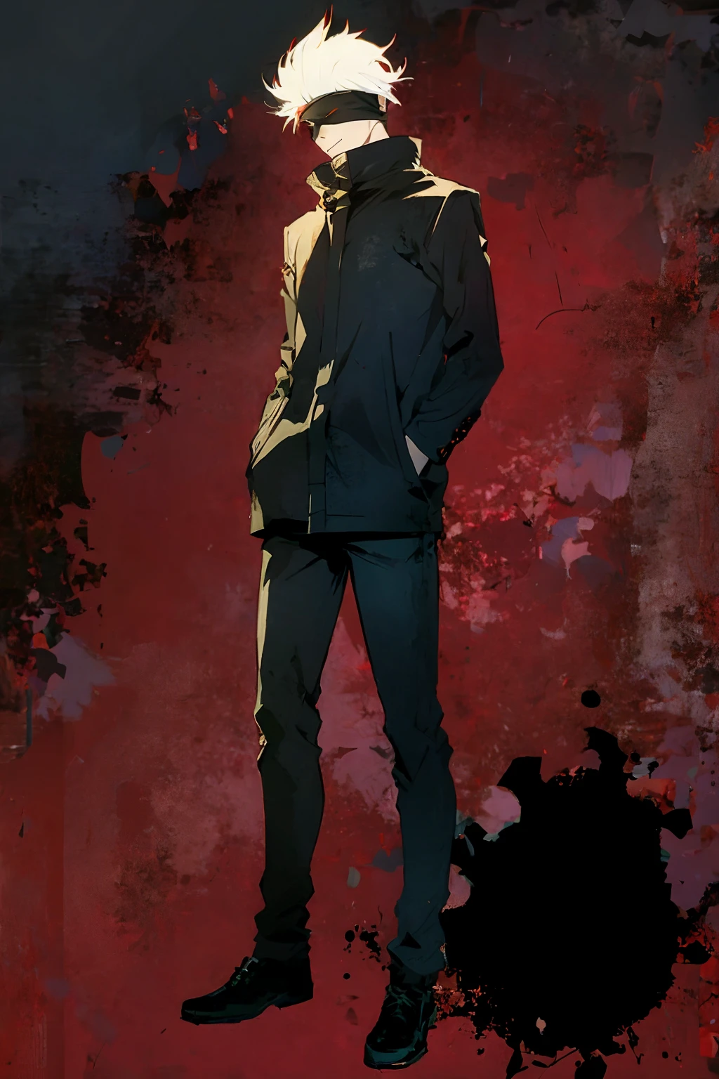 Gojo Satoru, white hair, black blindfold, black gakuran, (hands in pockets), black footwear, (full body), (masterpiece, best quality:1.2), (floating pose:1.2), (red grunge background:1.5)
