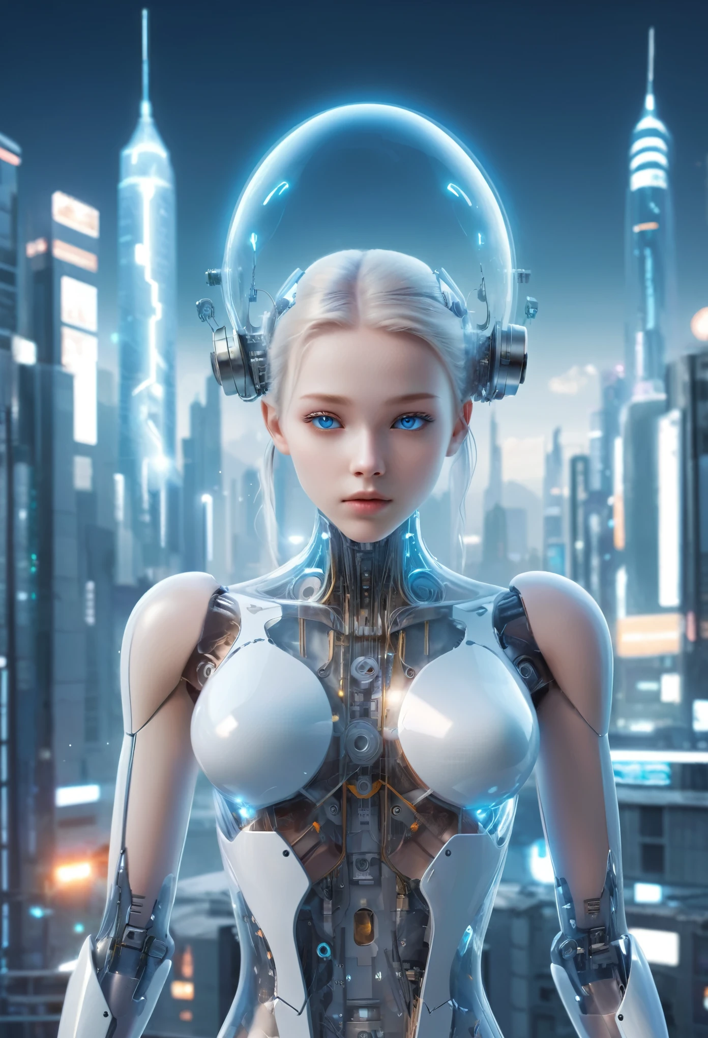 Translucent ethereal mechanical girl,futuristic girl,Mechanical joining technology girl,futuristic city background