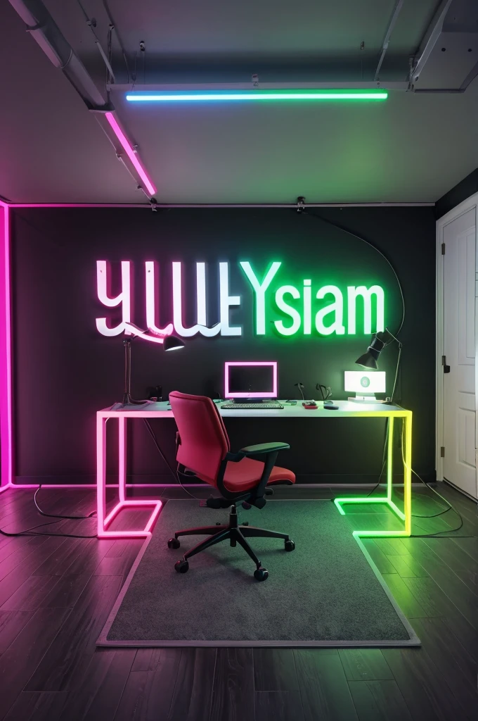 Create an image of YouTube studio room with a subtle neon board with statement in bold "Adnan". Make sure that none of the letters in text are mispelled