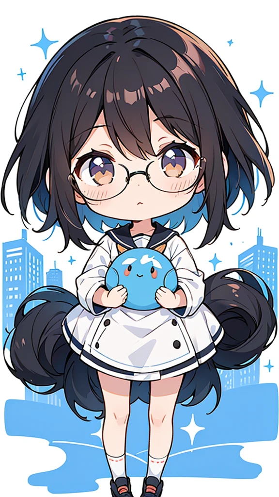 Seven-doppelganger shot,Anime style 4K,High quality anime art style,Standing painting,Splash ink background,Blue Themes、Pure white background,Buildings,Face close-up,Buildings,Moon and sun、Shining Star々,milky way,Bright Sky,Looking at me,Facing forward,Clear eyes and nose,cute,beautiful,Thin legs,black hair, brown eyes, girl, bob, front, whole body,cute,Playing UFO catchers at an arcade,Black Hair,Brown Hair,Glasses,semi-long