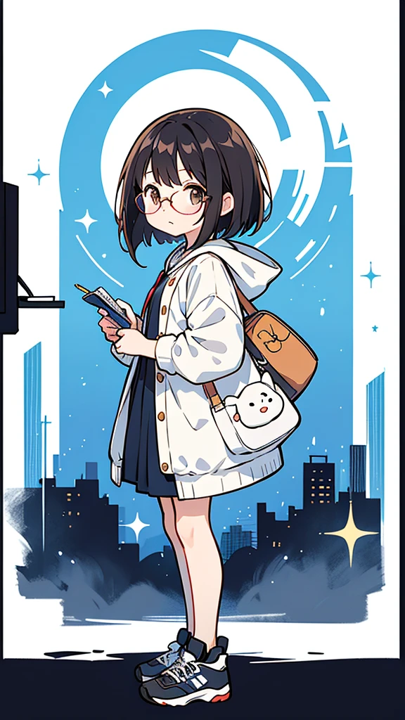 Seven-doppelganger shot,Anime style 4K,High quality anime art style,Standing painting,Splash ink background,Blue Themes、Pure white background,Buildings,Face close-up,Buildings,Moon and sun、Shining Star々,milky way,Bright Sky,Looking at me,Facing forward,Clear eyes and nose,cute,beautiful,Thin legs,black hair, brown eyes, girl, bob, front, whole body,cute,Playing UFO catchers at an arcade,Black Hair,Brown Hair,Glasses,semi-long