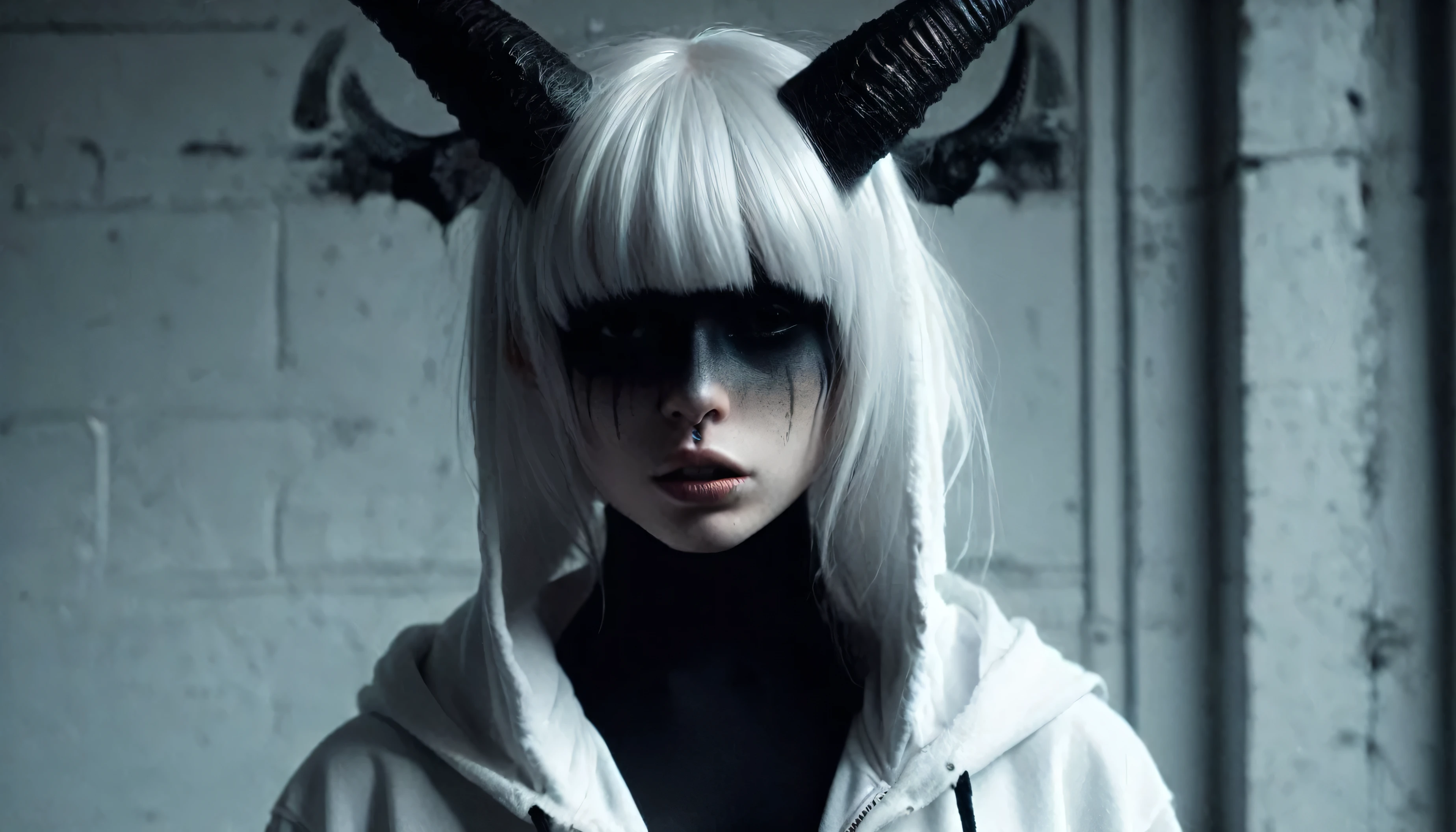 (Best Quality,hight resolution,Masterpiece, full body view:1.2),Ultra-detailed,demon woman with horns,dressed in black hoodie and white panties,sickly,standing in a horror sci fi scenario,horror sci fi aesthetic,gloomy ecstasy,fetish,dark gloomy atmosphere,gritty texture,Retro-atmosphere,warped reality,melancholic expression on his face,mysterious aura,foggy atmosphere,foggy background,Subtle color palette,provocative pose,Strong emotions,Coming Out of the Depths of Despair,Piercing gaze,intense shadows,Plunged in Darkness,dark industrial aesthetic,ominous vibe,A supernatural sensation,Loss of Place in Time and Space,Eerie silence.asymmetrical bangs, freckles, white short hair, Bangs, freckles, gray eyes,