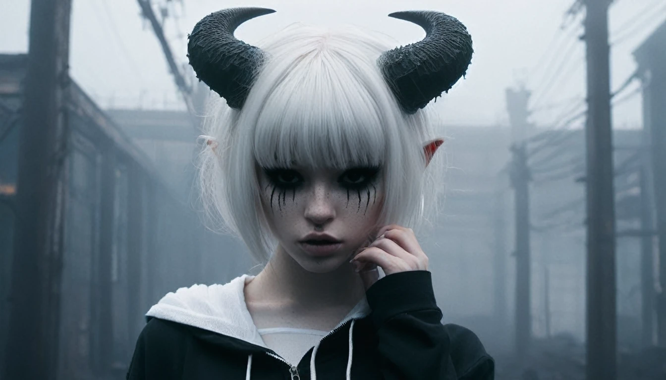 (Best Quality,hight resolution,Masterpiece, full body view:1.2),Ultra-detailed,demon woman with horns,dressed in black hoodie and white panties,sickly,standing in a horror sci fi scenario,horror sci fi aesthetic,gloomy ecstasy,fetish,dark gloomy atmosphere,gritty texture,Retro-atmosphere,warped reality,melancholic expression on his face,mysterious aura,foggy atmosphere,foggy background,Subtle color palette,provocative pose,Strong emotions,Coming Out of the Depths of Despair,Piercing gaze,intense shadows,Plunged in Darkness,dark industrial aesthetic,ominous vibe,A supernatural sensation,Loss of Place in Time and Space,Eerie silence.asymmetrical bangs, freckles, white short hair, Bangs, freckles, gray eyes,