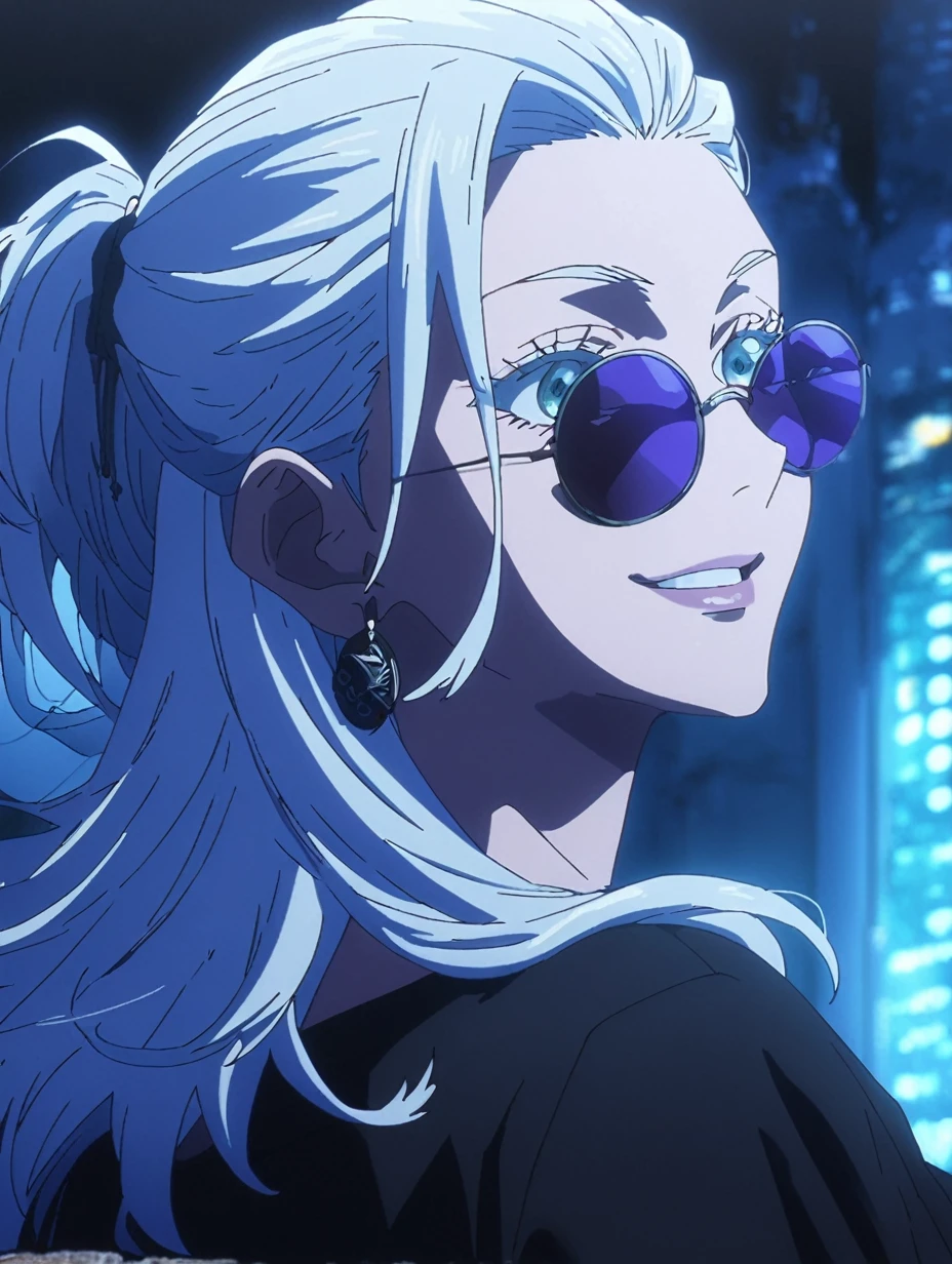 1girl, female gojo satoru, anime screencap from jujutsu kaisen, gojo satoru female version, solo, long_hair , ((wearing round sunglasses)) ((White_hair, hair slicked from one side)), night view, (hanging breasts) upper_body, smile,((dark room)) lips, (long hair) ((wearing black colour t shirt and pant)) breast, "very detailed and high resolution"  ((solo)) (((front view))) (earings) ((high resolution)) ((good quality)) ((silky hair, hair slicked from one side)) ((sitting))