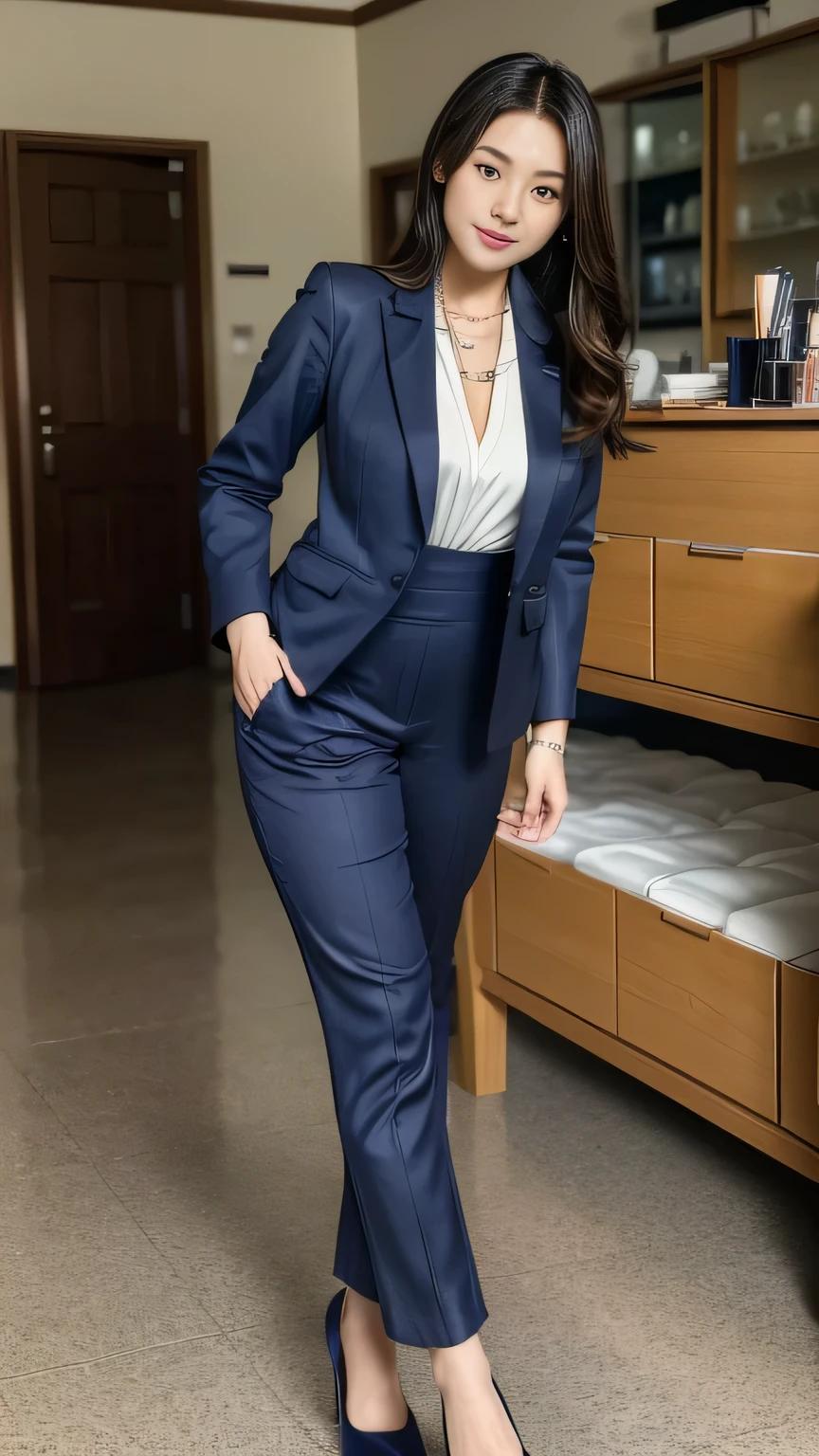 One Japanese woman, Housewife in her 30s、Full body shot、A full-body photo from head to toe、Walking towards here, Detailed face, Captivating smile, Detailed eyes,Smooth Skin, Light brown hair、Shaggy Hair、(Tight navy blue pantsuit, Wearing high heels:1.4)、Pearl Necklace、Looking at the audience, (8k, RAW Photos, Highest quality, masterpiece: 1.2), (Realistic, Realistic: 1.37), Ultra-high resolution
