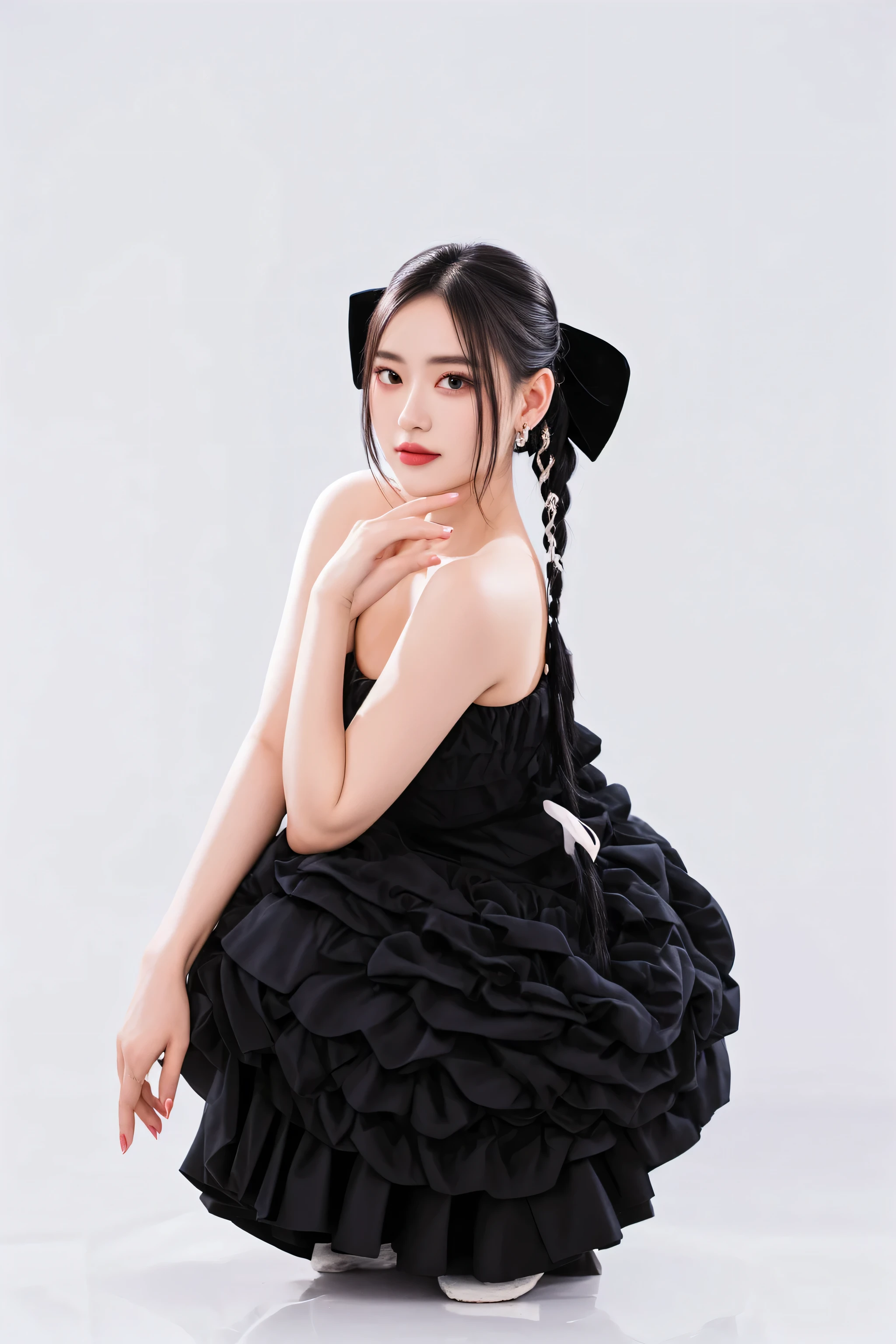 there is a woman sitting on a stool wearing a black dress, anime girl wearing a black dress, she is wearing a black dress, dilraba dilmurat, anime thai girl, wearing a black dress, an elegant woman in black dress, wearing black dress, black gown,  in dress, chiho, full body xianxia, with black pigtails