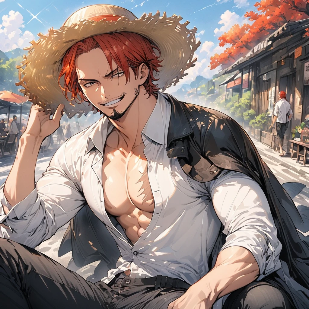 (masterpiece, best quality), intricate details, 1boy, man, red hair, straw hat, Shnks, shanks \(one piece\), scar on face, 3 scar left eye, short hair, shirt, white shirt, male focus, sitting posture, streetstyle pose, open clothes, collared shirt, pants, cape, coat, open shirt, facial hair, scar, sandals, pectorals, partially unbuttoned, pectoral cleavage, coat on shoulders, nature, scenery, upper body, straw hat,