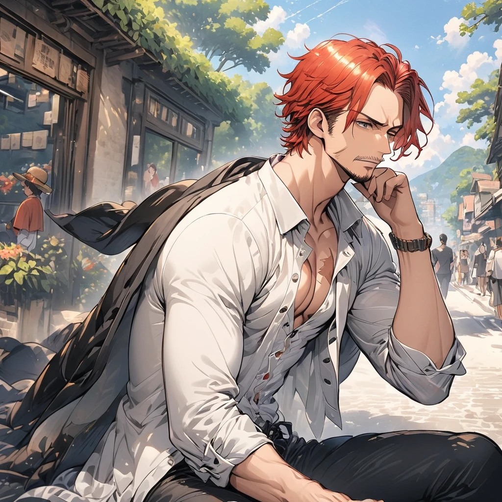 (masterpiece, best quality), intricate details, 1boy, man, red hair, straw hat, Shnks, shanks \(one piece\), scar on face, 3 scar left eye, short hair, shirt, white shirt, male focus, sitting posture, streetstyle pose, open clothes, collared shirt, pants, cape, coat, open shirt, facial hair, scar, sandals, pectorals, partially unbuttoned, pectoral cleavage, coat on shoulders, nature, scenery, upper body, straw hat,